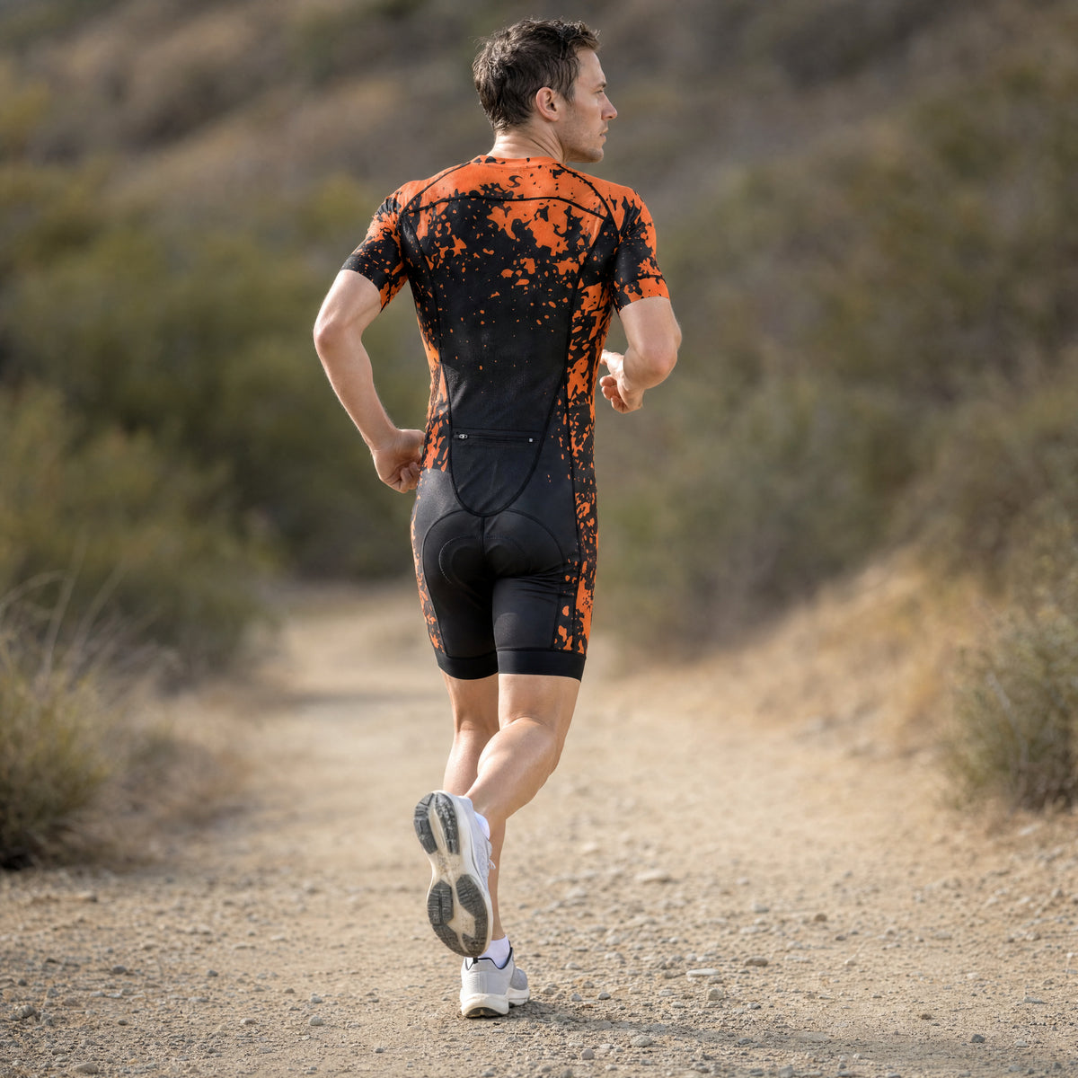 Men's Elite Short Sleeve Tri Suit - Amber Splash - Trail Running Back