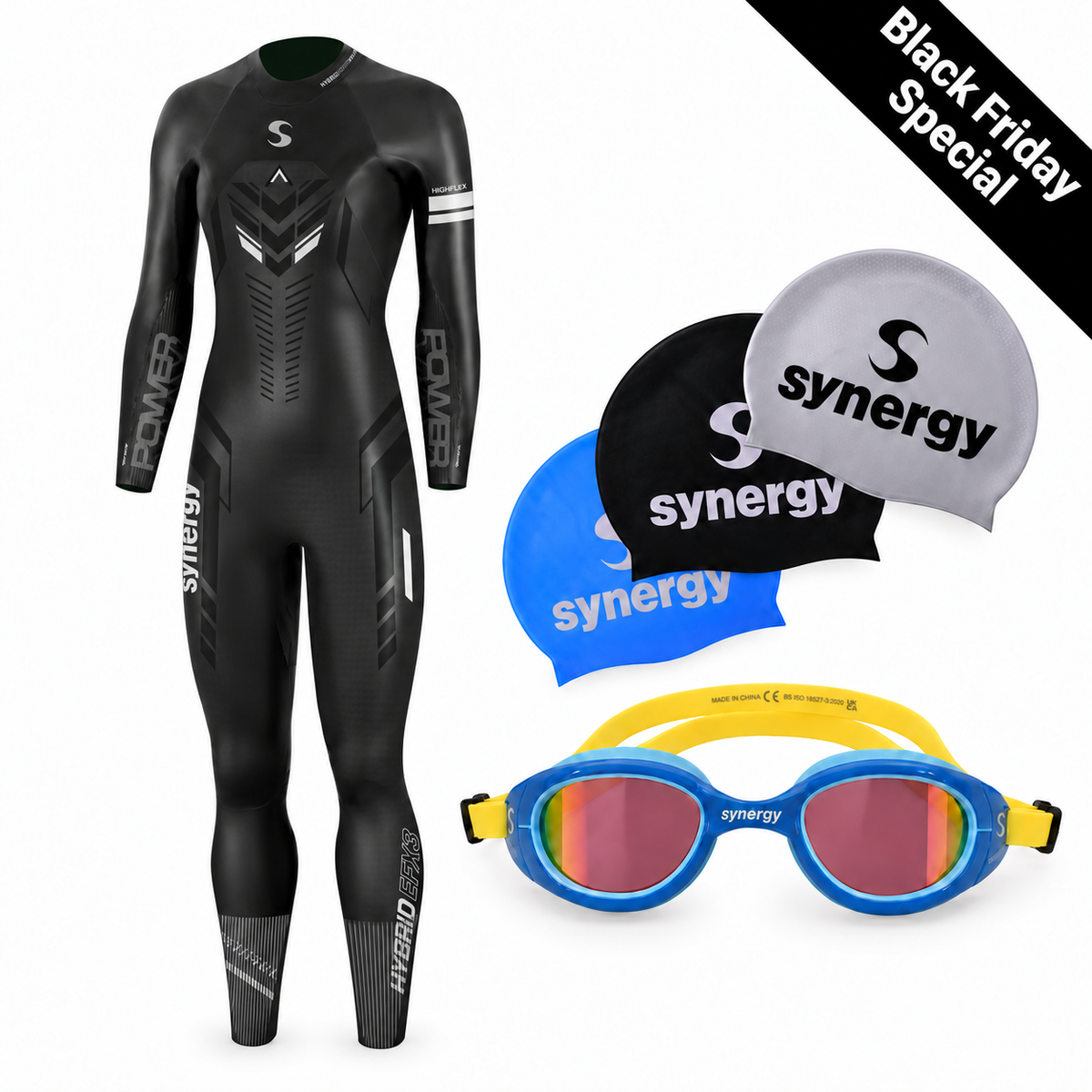 Women's Hybrid EFX3 Fullsleeve Swim Bundle with Blue/Gold Trisight goggles and Black/Blue/Silver Big Logo silicone swim caps (3-pack)